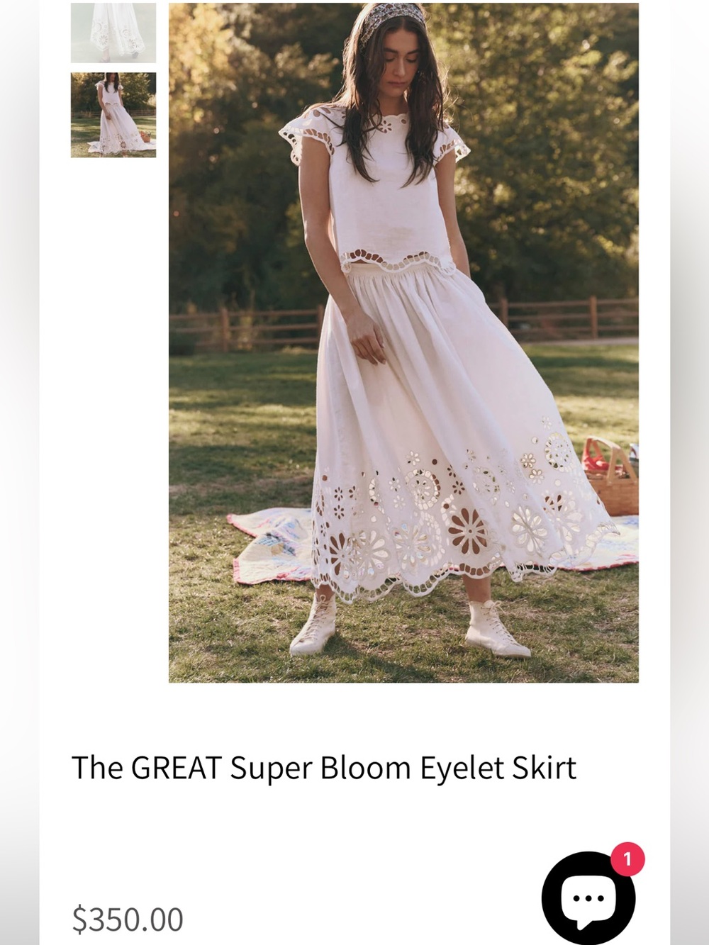 THE GREAT. Super Bloom Eyelet Midi Skirt in Ivory White